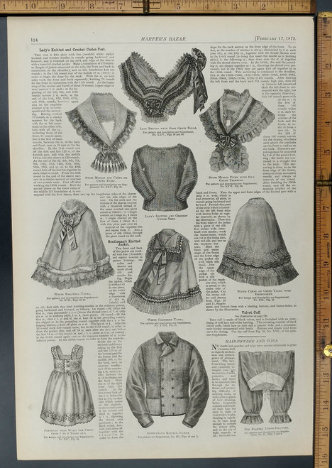 Petticoat with waist for young child. Gentlemen's knitted jacket. Lace Bertha with gros grain rolls. Original Antique Print 1872.