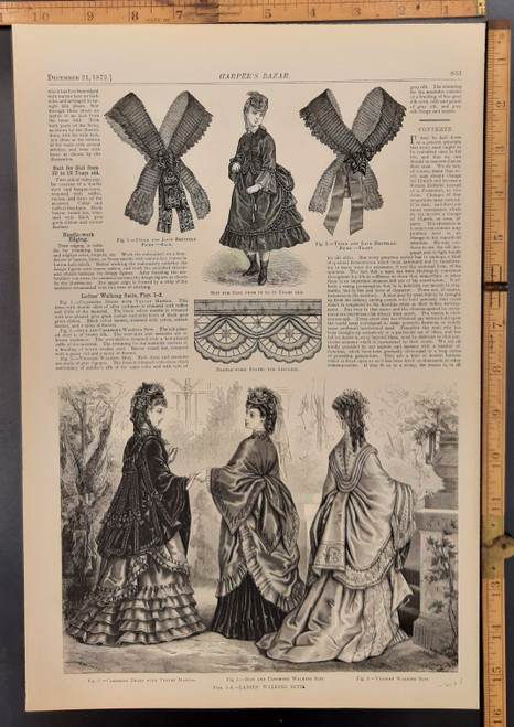 Women wearing ladies walking suits. Cashmere dress with velvet mantle. Suit for girl from 10 to 12 years old. Needlework edging for lingerie. Original Antique engraving from Harper's Bazaar 1872.