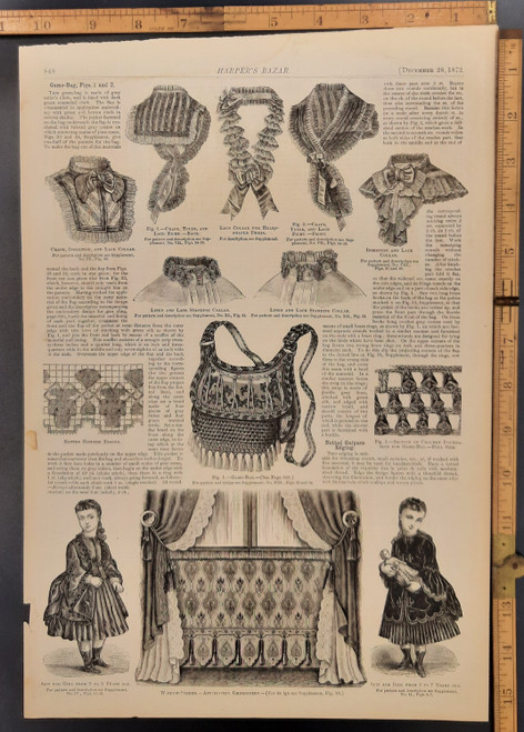 Embroidered windows screen. Section of a crochet  foundation for a game bag. A suit for a little girl. Lace caller for a heart shaped dress. Original Antique engraving from Harper's Bazaar 1872.