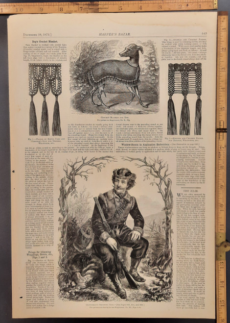 Crochet blanket for a dog. A gentleman hunter wearing a shooting suit. Crocheting directions. Original Antique engraving from Harper's Bazaar 1872.