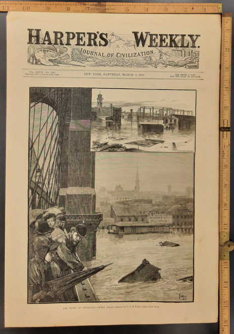 The flood at Cincinnati swept away as drawn by VFH Farney. People on a bridge looking at the flooded Ohio River. Original Antique engraving from Harper's Weekly 1883.