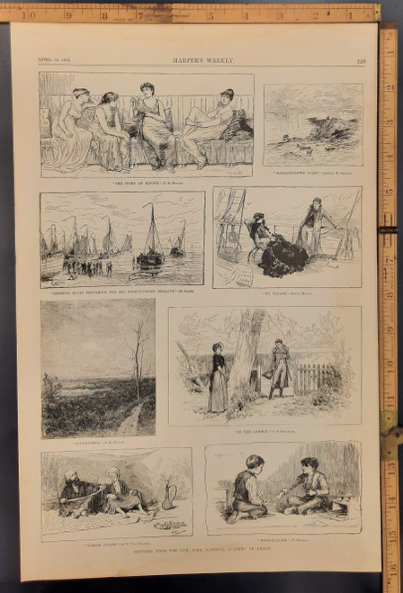 Sketches from the New York National Academy of design: Turkish idolers by SW van Schaik, Story of Oenone by FD Millet, Massachusetts coast by George H Smillie and In the garden by CS Reinhardt. Original Antique engraving from Harper's Weekly 1883.