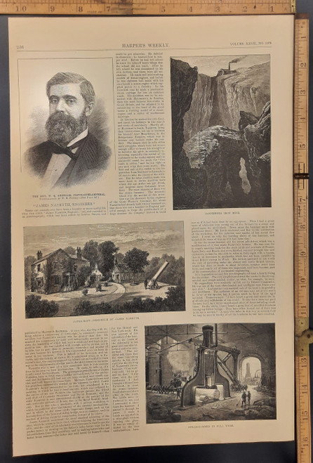 Residence of the engineer James Nasmyth. Nasmyth's Steam Hammer. Dannemora Iron Mine. Original Antique engraving from Harper's Weekly 1883.