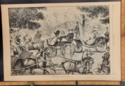 The Drive, Central Park—Four O'Clock. Art by Gray Parker. Horses carriages and people in Central Park, NY. Original Antique engraving from Harper's Weekly 1883.