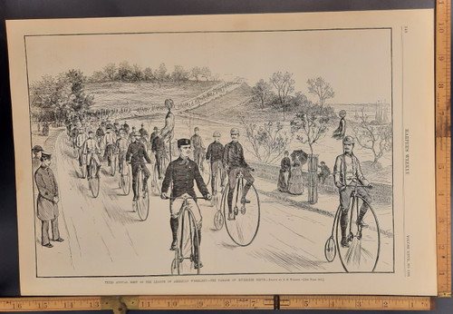 3rd annual meat of the league of American wheelman, the parade on Riverside Drive, drawn by CD. Weldon. High wheel bicycle gathering. Original Antique engraving from Harper's Weekly 1883.