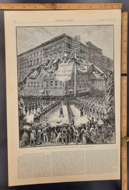 The competitive drill at Nashville, TN, from a sketch by Horace Bradley. Welcome to the citizen soldiers of Illinois and Louisiana. Original Antique engraving from Harper's Weekly 1883.