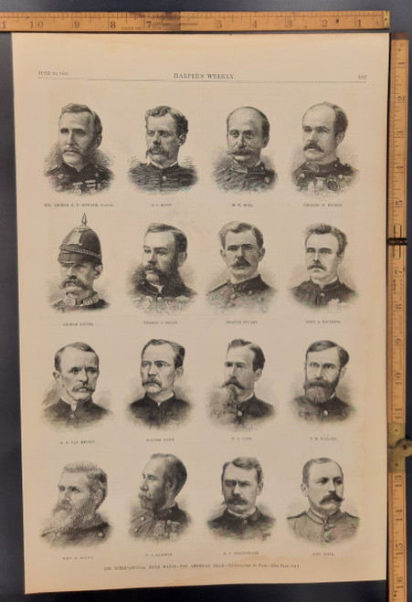 The International Rifle Match, the American team, as photographed by Pach. S Scott, Thomas Dolan, W Cash, Colonel George Howard, M Bull, Charles Hinman, George Joiner and A. B. Van Heusen. Original Antique engraving from Harper's Weekly 1883.