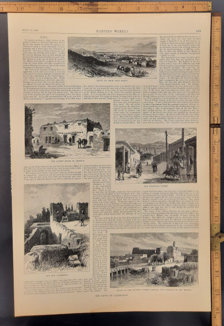 The Santa Fe celebration. Ruins of the ancient Pueblo Church and College of San Miguel. A view of San Francisco Street and the oldest house in America(De Vargas Street House). Original Antique engraving from Harper's Weekly 1883.