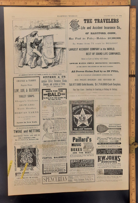 Ads: Travelers life and accident insurance company of Hartford, CT., Benton's hair grower. An American Man of war firing a salute to a foreign fleet, Kids on ship blowing pea shooters. Original Antique engraving from Harper's Weekly 1883.
