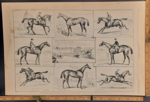 Monmouth Park races, the omnibus steak and the all age champions August 18th, Drawn by Edwin Forbes. Racehorse Eole, Gonfalon, Eolist and Pizarro. Original Antique engraving from Harper's Weekly 1883.