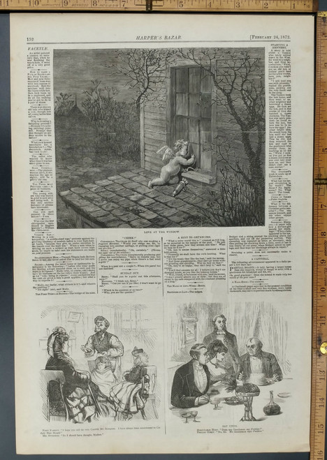Cupid at the window. Cherub with bow and arrow. Original Antique Print 1872.