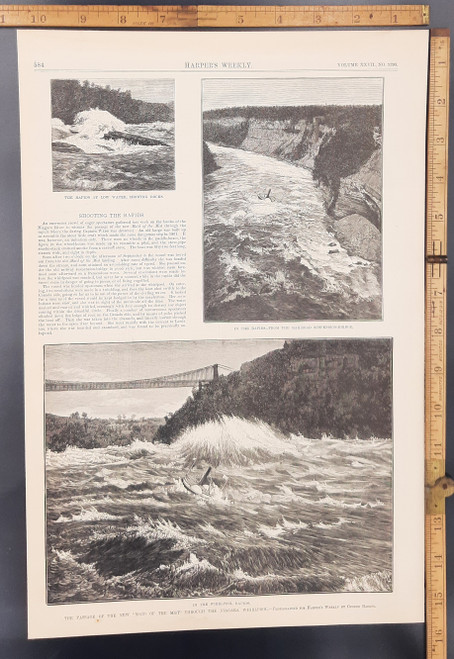 The passage of the new made of the mist to the Niagara Whirlpool photographed by George Barker. View of the Rapids in Niagara River from the railroad suspension bridge. Original Antique engraving from Harper's Weekly 1883.