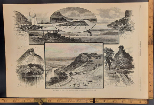The valley of the Upper Mississippi, drawn by Charles Graham. Chimney rock on Turkey River. Original Antique engraving from Harper's Weekly 1883.