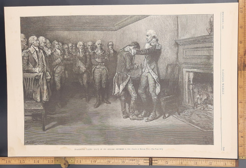 Washington taking leave of his officers, December 4th 1783 drawn by Howard Pyle. Future President General George Washington. Original Antique engraving from Harper's Weekly 1883.