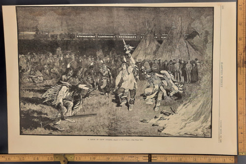 A dance of Crow Indians drawn by H F Farney. Native Americans dancing around a fire while you can see a train in the background. Original Antique engraving from Harper's Weekly 1883.