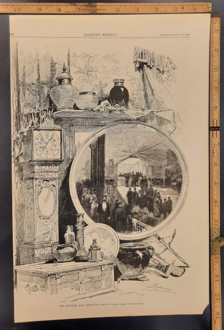 The Bartholdi loan exhibition drawn by Charles Graham. Original Antique engraving from Harper's Weekly 1883.