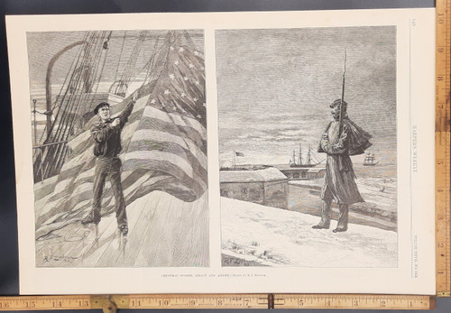 Christmas sunrise afloat and ashore by R F Zogbaum. Military men on Christmas morning, hoisting the stars and stripes while on board a ship. Original Antique engraving from Harper's Weekly 1883.