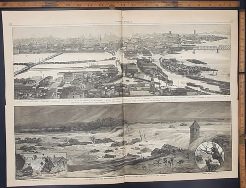 The flood at Cincinnati, Ohio, View from prices point looking East. Cincinnati and Southern Railroad Bridge. Breaking the Embankment at Louisville, Kentucky. Original Antique engraving from Harper's Weekly 1883.