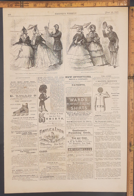 Ads for: Artificial Legs, Devlin & Co and Finkle & Lyon sewing machine. Political cartoon, the Ladies of New Orleans before General Butler's proclamation and after it. Original Antique Civil War era engraving from Harper's Weekly 1862.