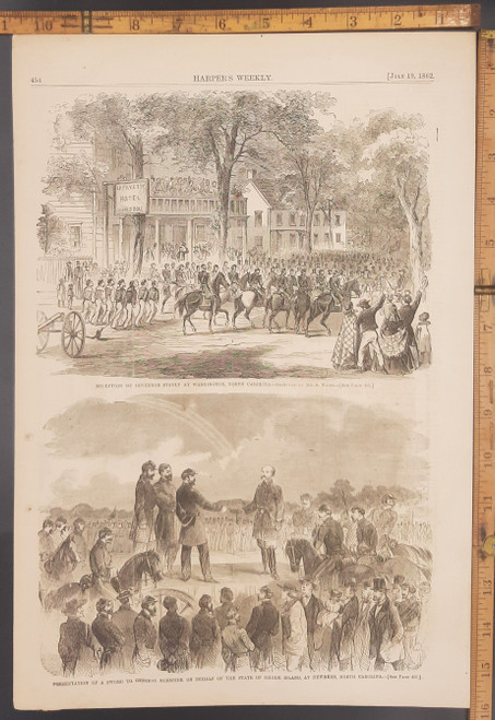 Presentation of a sword to General Burnside on behalf of the state of Rhode Island at New Bern, NC. Reception of Governor Stanley at Washington, North Carolina. The Lafayette Hotel. Original Antique Civil War era engraving from Harper's Weekly 1862.