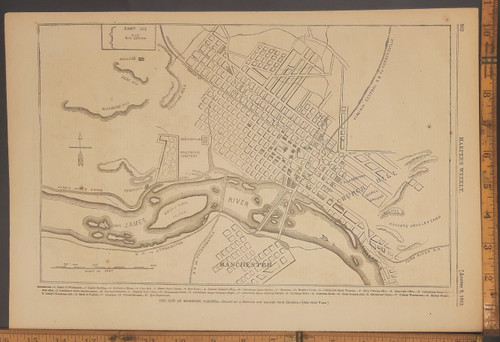 The city of Richmond, Virginia, drawn by a refugee who had just escaped: Confederate States Treasury, Whig Printing-office, Castle Godwin Jail and Bank of Virginia. Original Antique Civil War era engraving from Harper's Weekly 1862.