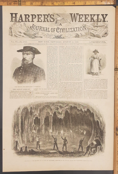 Search for rebels in a cave in Alabama. The bandit John Morgan, the highwaymen of Kentucky. Original Antique Civil War era engraving from Harper's Weekly 1862.