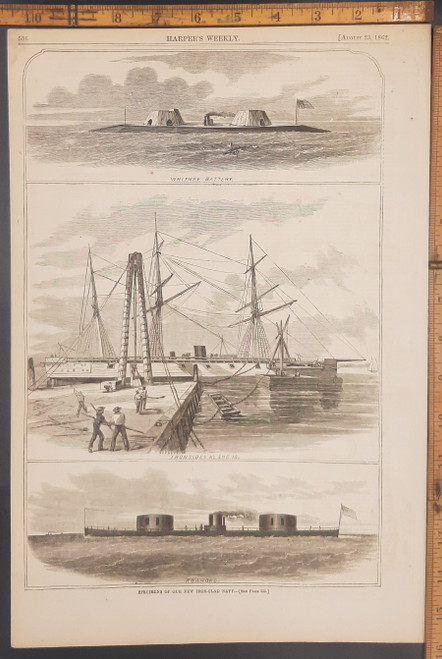 Specimens of our new ironclad navy: Roanoke, Ironsides as she is and Whitney Battery. Original Antique Civil War era engraving from Harper's Weekly 1862.