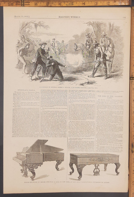 The murder of General Robert L Mccook, near Salem, Alabama. Pianos exhibited by Messrs Steinway and Sons Vignore at the Great International Exhibition of London.Original Antique Civil War era engraving from Harper's Weekly 1862.