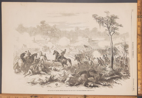 The Battle of Baton Rouge as sketched from the camp of the Indiana Regiment. Detailed civil war battle art showing the charge, smoke from the guns, and death of man and horses. Original Antique Civil War era engraving from Harper's Weekly 1862.