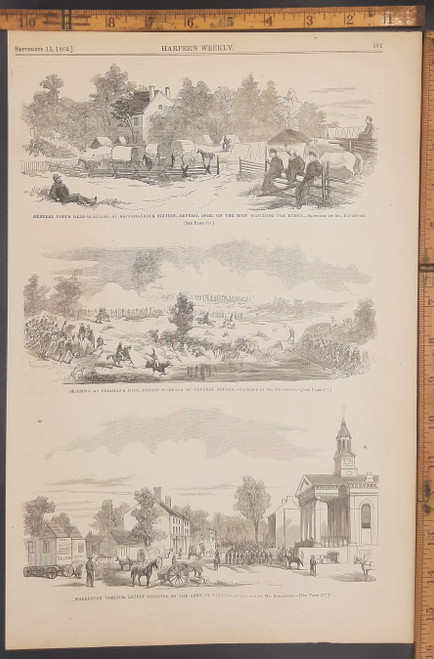 Warrenton Virginia lately occupied by the army of Virginia. Skirmish at Freeman's Ford August 27 death of General Bohlen. General Pope's headquarters at Rappahannock Station. Original Antique Civil War era engraving from Harper's Weekly 1862.