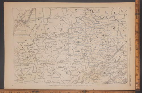 War map of Kentucky showing the present field operations in that state. Civil war map showing Kentucky, Tennessee and parts of Virginia. Original Antique Civil War era engraving from Harper's Weekly 1862.