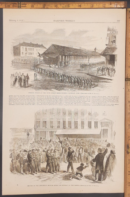 Return of the Cincinnati militia after the retreat of the rebels. Feeding troops at the 5th Street Market House, Cincinnati, OH. Original Antique Civil War era engraving from Harper's Weekly 1862.