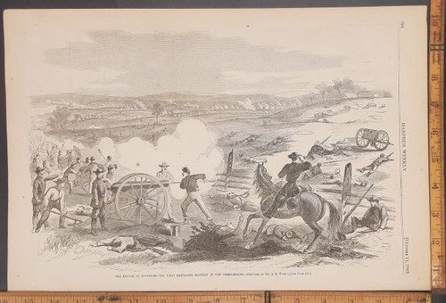 The Battle of Antietam, the first Maryland battery in the foreground, sketched by Mister A R Waud. Canons firing and men using horses as cover during a battle. Original Antique Civil War era engraving from Harper's Weekly 1862.
