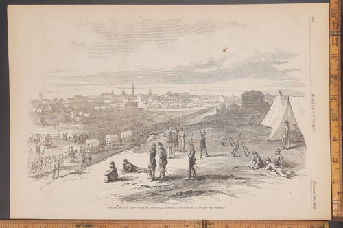 General Buell's army entering Louisville, Kentucky, drawn by Mister H Mosler. Original Antique Civil War era engraving from Harper's Weekly 1862.