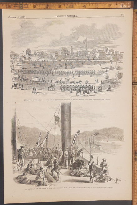 Shelbyville, the only Union town of Tennessee as sketched by Mr. H. R. Hubner, third Ohio volunteers. The veterans of the army of Mississippi on their way up the Ohio River. Original Antique Civil War era engraving from Harper's Weekly 1862.