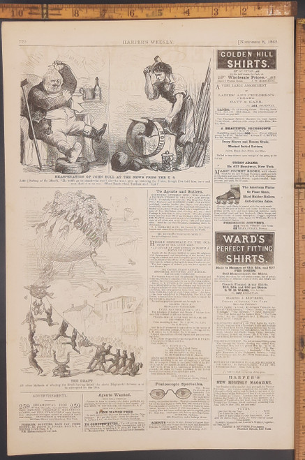 Political Cartoon: Exasperation of John Bull at the news from the U. S. Uncle Sam can be seen forging a ring entitled "Union".   THE DRAFT.  All other Methods of evading the Draft having failed. Ad for Pantoscopic Spectacles. Original engraving 1862.