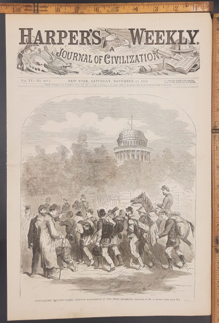 Convalescent soldiers passing through Washington to join their regiment, sketched by Mr A. Oertel. Construction of the United States Capitol continuing. Original Antique Civil War era engraving from Harper's Weekly 1862.