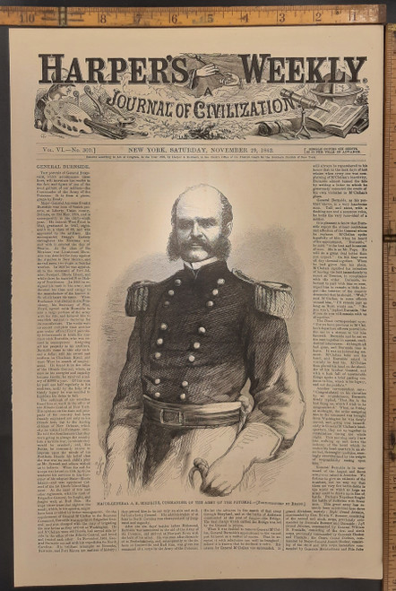 Portrait and article of Major General A. E. Burnside, Commander of the army of the Potomac. Original Antique Civil War era engraving from Harper's Weekly 1862.