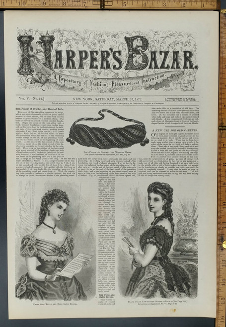 White silk tulle and blue satin bertha. Victorian Women. Original Antique Print 1872.