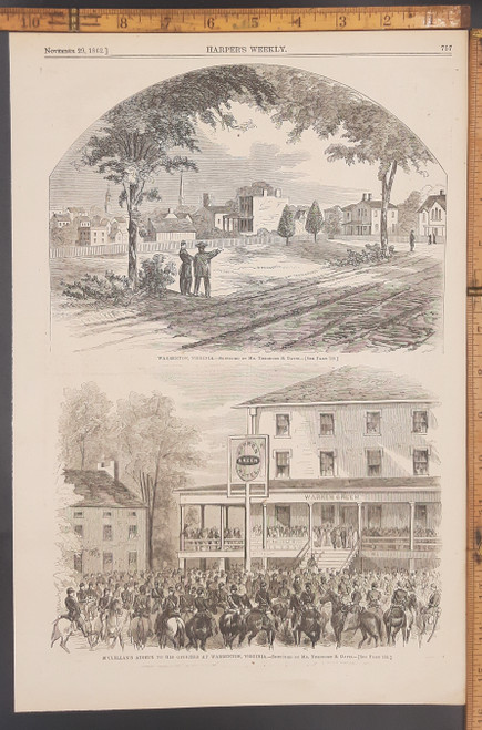 M'clellan's adieux to his officers at Warrengton, VA sketched by Mr Theodore R Davis. Warren Green Hotel. Original Antique Civil War era engraving from Harper's Weekly 1862.