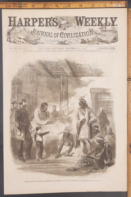 Identification of Indian murderers in Minnesota by a boy survivor of the massacre. Original Antique Civil War era engraving from Harper's Weekly 1862.