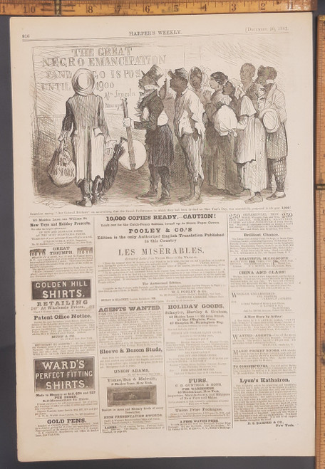 Political Cartoon: The Great Negro Emancipation is postponed until 1900, Horace Greeley viewed from behing. Ad for Great Triumph piano. Civil War era engraving from Harper's Weekly 1862.