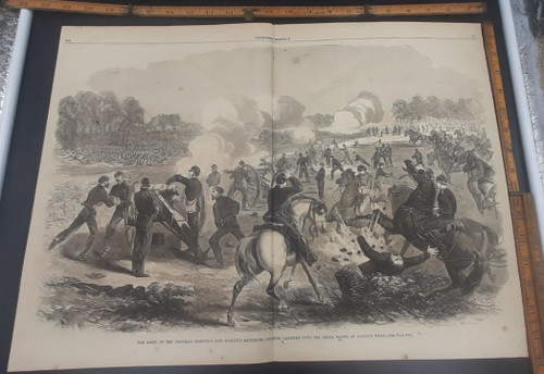 The army of the Potomac Griffins and Martin's batteries pouring canister into the rebel ranks at Gaines Mills. fighting at Fair Oaks—or Seven Pines—on May 31. Large original Antique Civil War era engraving from Harper's Weekly 1862.