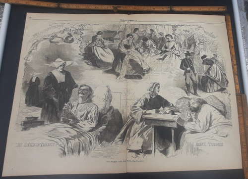 Art by Winslow Homer. Our women and the war. The influence of women, the sister of the sister of charity, home tidings. Large original antique Civil War era engraving from Harper's Weekly 1862.