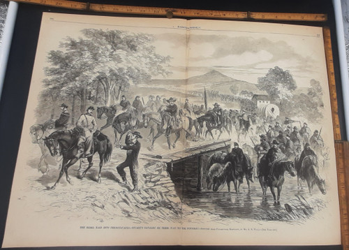 The Rebel raid into Pennsylvania, Stewart's cavalry on their way to the Potomac sketched near Poolesville, Maryland by Mr AR Waud. Large original antique Civil War era engraving from Harper's Weekly 1862.