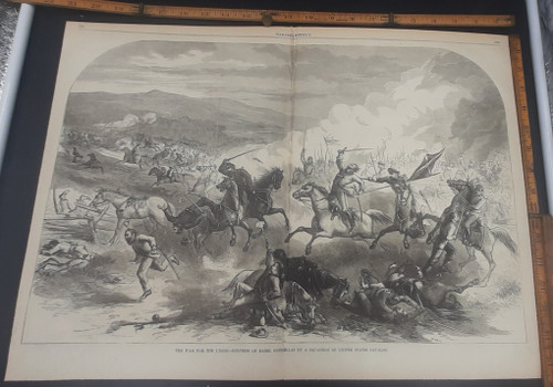 The War for the Union. Surprise of rebel generals by a squadron of United States cavalry, art by Thomas Nast. Confederate on horseback run through with a sword. Large original antique Civil War era engraving from Harper's Weekly 1862.
