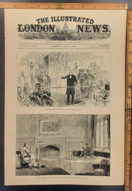 The prison in the clock tower of the Palace of Westminster. A view inside Big Ben. Mister Charles Bradlaugh at the bar of the House of Commons. Original Antique Civil War era engraving from 1880.