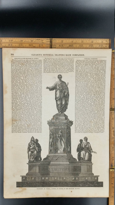 Monument at Vienna, Austria, in Honor of the Emperor Francis 1854. Article on Nebraska Territory. Large Antique Engraving, About 11x15