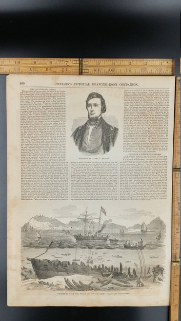 Opperations Upon the Wreck of the San Pedro Alcantara Man-of-War 1854. Portrait of James A. Whipple. Large Antique Engraving, About 11x15