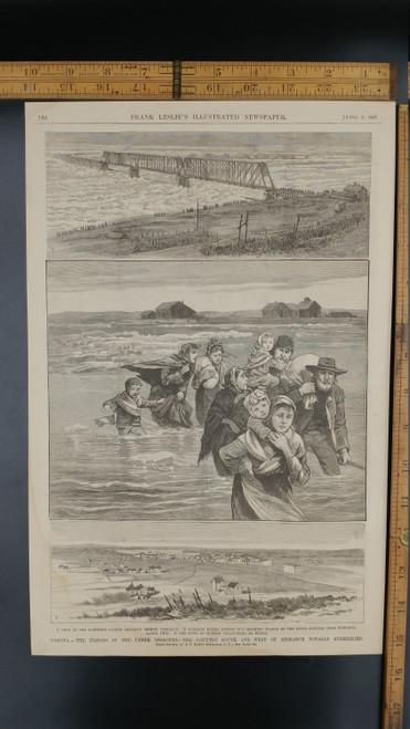 Floods in the Upper Missouri, from 1887. South and West of Bismark Submerged. Mandan and Famlies Flee. Large Antique Engraving, Aprox 10x15